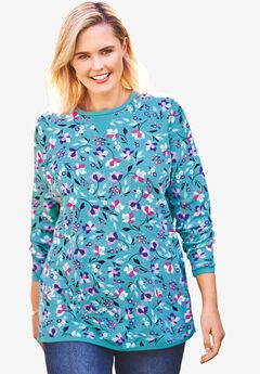 Woman Within Womens Plus Size Satin-Trimmed Crewneck Thermal Tee